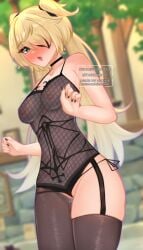 1girls breasts clothed clothed_female commission female fischl_(genshin_impact) genshin_impact light-skinned_female light_skin looking_at_viewer medium_breasts nipples pinkius thick_thighs