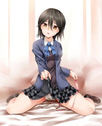 black_hair blazer blush brown_eyes egg_vibrator head_tilt highres inaba_himeko kokoro_connect masturbation panties parted_lips pillow pussy_juice pussy_juice_stain school_uniform sitting skirt skirt_lift sweat sweater_vest underwear vibrator vycma wariza wet_panties