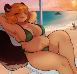 1girls animal animal_ears anthro armpits arms_behind_head arms_up bangs beach beach_chair beach_umbrella belly bikini blush breasts brown_fur canine cleavage closed_eyes clothing fat female freckles fur furry furry_female green_bikini hair large_breasts long_hair lying mammal marvel marvel_comics marvel_rivals multicolored_hair multiple_girls navel ocean on_back orange_hair outdoors overweight plump raccoon_tail sand seaside short_hair side-tie_bikini_bottom sitting smile solo solo_focus squirrel_girl_(marvel) squirrel_girl_(marvel_rivals) sunset swimsuit tail thick_thighs thighs umbrella water