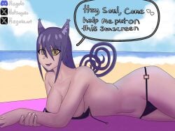 art beach big_breasts bikini bikini_bottom bikini_top blair_(soul_eater) cat_ears dialogue facing_viewer female flirting green_eyes laying_down megoloart_(artist) purple_hair side_view simple_background simple_shading soul_eater stomach teasing text thighs unzipped