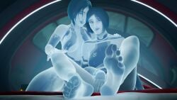 2girls 3d 3d_(artwork) alternate_version_at_source alternate_version_available blender blender_(software) blue_body blue_hair blue_skin bob_cut bottomless cortana eye_contact feet feet_focus glowing halo_(series) high_resolution highres looking_at_viewer pov smile smiling_at_viewer the_weapon_(halo_infinite) video_game_character video_games zmsfm