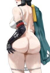 absurdres areola_slip ass ass_focus black_gloves black_hair blush bra breasts commission commissioner_upload cowboy_shot female fox_girl from_behind gloves green_jacket hand_on_own_hip head_out_of_frame highres hoshimi_miyabi jacket jacket_on_shoulders large_breasts long_hair nisakusa non-web_source open_mouth panties pussy sidelocks simple_background solo thick_thighs thighs uncensored underwear variant_set white_background white_bra white_panties zenless_zone_zero