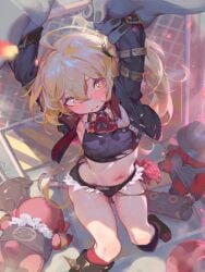 1girls ai_generated arm_grab arms_up blonde_hair defeat defeated defeated_heroine hotpants jacket lucy_(zenless_zone_zero) midriff petite pig villainchin you_gonna_get_raped zenless_zone_zero