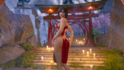 3d 3d_(artwork) alternate_hairstyle black_hair bubble_butt candle candles cherry_blossoms chinese_clothes dress final_fantasy final_fantasy_vii final_fantasy_vii_remake fishnet_stockings fit_female gold_jewelry grass hand_on_butt highres holding_butt lantern looking_back night night_sky outside painted_nails pizz3d red_dress red_eyes short_hair shrine_gate side_slit_dress sideslit_dress steps tifa_lockhart toned wristband