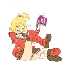 blonde_hair blush censored emilia_percival female leg_lift masturbation phantasy_star pussy pussy_juice red_eyes sega simple_background toporo wince