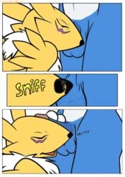 anthro balls canine chest_tuft comic digimon female flamedramon fox fur furry male nanogrrr nostrils nude penis plain_background renamon scalie sniffing video_games white_background