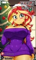 1girls ai_generated big_breasts blush breasts christmas christmas_tree cleavage equestria_girls female female_only friendship_is_magic hasbro large_breasts looking_at_viewer mlp_g4 my_little_pony mylittlepony santa_claus santa_costume santa_hat solo solo_female sunset_shimmer sweater sweater_only thick_thighs