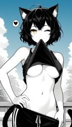 ai_generated bankonit black_and_white black_hair cat_ears cat_tail catgirl freckles freckles_on_face freckles_on_shoulders hand_on_hip medium_breasts midriff monochrome navel outdoors pulling_down_pants shirt_in_mouth shirt_lift short_hair solo spoken_heart stable_diffusion tank_top teasing track_pants underboob wink yellow_eyes