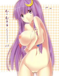 blush breast_hold breasts cleavage covering crescent_moon female female_only hair_ornament hsuliherng human large_breasts long_hair looking_at_viewer mound_of_venus navel nipples nude patchouli_knowledge purple_eyes purple_hair pussy solo tear touhou uncensored untied very_long_hair