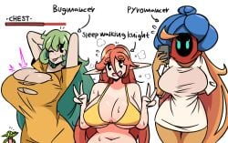 big_breasts goblin green_hair meter murgoten peace_sign smartphone sweat sweating tearing_clothes tired