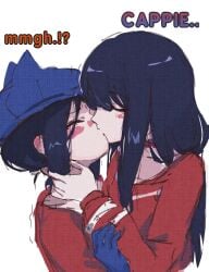 !? 2girls artist_name artist_request blue_gloves blue_hair blush cap closed_eyes clothing cool_mita_(miside) dialog dialogue gloves hat kind_mita_(miside) kissing long_hair miside mita_(miside) red_clothing selfcest selfcest? sudden_kiss white_background woah yuri