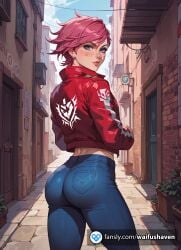 a_cup aa_cup acthletic ai_generated arcane ass ass_focus atletic b_cup bb_cup blue_eyes breasts cosplay female gym jeans jeans_panties league league_of_legends legends lol mucles nude of pink_hair short_hair tight_ass vi vi_league_of_legends vi_lol viewer_pov young