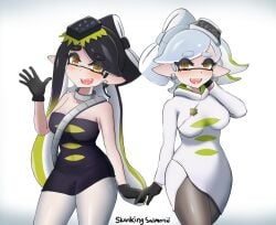 2girls artist_name black_gloves black_pantyhose blush breasts callie_(alterna) callie_(splatoon) choker earrings gloves hair_ornament inkling inkling_girl long_hair looking_at_viewer marie_(alterna) marie_(splatoon) mole mole_under_eye nintendo open_mouth pantyhose pointy_ears skankingsalmonid splatoon splatoon_3 splatoon_3:_return_of_the_mammalians squid_sisters tentacle_hair tongue two_tone_hair waving waving_at_viewer white_pantyhose