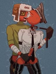 bound_arms clothed collar cum_shot dick gay gay_handjob gay_kissing gloves i_cant_tell_if_those_are_boots_or_thigh_highs_help iron_cross leash leash_pull nazi_germany_(countryhumans) nazi_hat octodyer pants_down shaking soviet_union_(countryhumans) sweat ushanka