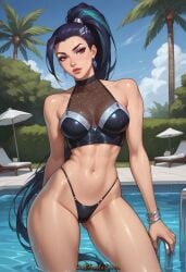 ai_generated artist_name bikini black_bikini black_choker black_hair blue_sky bracelet breasts choker cleavage cloud day earrings female highleg jewelry k/da_all_out_kai'sa k/da_all_out_series kai'sa league_of_legends lips lipstick long_hair looking_at_viewer makeup medium_breasts navel outdoors ponytail pool purple_eyes purple_hair shiny sky solo standing summer swimsuit toned tree wading water wet