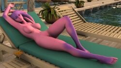 1girls beach casual_nudity disney female_only large_breasts looking_at_viewer lying_on_back multicolored_body multicolored_skin original_character pink_skin purple_skin pussy reclining seaside star_wars twi'lek