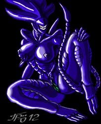 4_arms alien black_background blue_nipples blue_skin breasts collarbone female green_pussy grriva large_breasts long_fingernails nipples pussy sharp_teeth smiling tagme xenomorph_queen