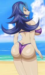 1girls absurd_res ass beach_background bikini blue_hair female huge_breasts kamishiro_rio legart355 looking_at_viewer rear_view red_eyes rio_kamishiro solo yu-gi-oh! yu-gi-oh!_zexal