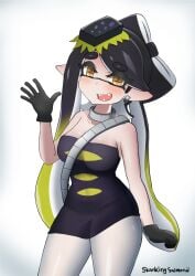 1girls artist_name black_gloves blush breasts callie_(alterna) callie_(splatoon) choker earrings gloves hair_ornament inkling inkling_girl long_hair looking_at_viewer nintendo open_mouth pantyhose pointy_ears skankingsalmonid splatoon splatoon_3 splatoon_3:_return_of_the_mammalians tentacle_hair tongue two_tone_hair waving waving_at_viewer white_pantyhose