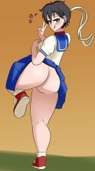 bedroom_eyes big_ass brown_eyes clothed female_only functionally_nude headband human juniperbean looking_at_viewer looking_back sakura_kasugano school_uniform seductive_look skirt_lift skirt_up solo_focus street_fighter thick_thighs tongue_out