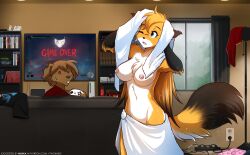 after_shower anthro blep blue_eyes blush breasts casual_exposure edit evals_(twokinds) fox keidran mike_(twokinds) mtf_transformation tagme third-party_edit tom_fischbach towel webcomic wet_hair