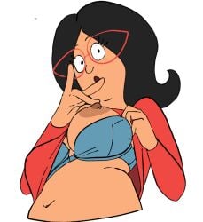 1girls 20th_century_studios belly black_eyes black_hair blue_bra bob's_burgers bra bra_pull breasts breasts_out cartoon clothes_lift clothes_pull clothing coolerinker cropped_torso disney eyewear female female_only flashing glasses inkershike large_breasts lifted_by_self linda_belcher long_hair long_sleeves looking_at_viewer mature_female medium_breasts milf navel nipples open_mouth red-framed_eyewear red_shirt round_eyewear shirt shirt_lift smile solo underwear upper_body