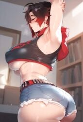 1girls ai_generated armpits arms_up big_breasts black_hair breasts child_bearing_hips closed_eyes female female_focus hips huge_breasts large_breasts red_eyes ruby_rose rwby short_hair shorts thick_thighs thighs wide_hips