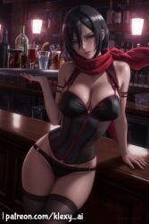 ai_generated alcohol alcohol_bottle alcohol_bottles alcoholic_beverage alcoholic_drink alternate_version_available armband armbands attack_on_titan bar bar_(place) bar_waitress big_breasts black_hair blue_eyes blush clothed clothed_female clothing crop_top female female_only fully_clothed fully_clothed_female head_tilt holding_tray klexyai leaning leaning_back leaning_on_counter looking_at_viewer mikasa_ackerman open_mouth panties patreon patreon_username pubic_hair scarf sfw sfw_version shingeki_no_kyojin shiny shiny_skin skimpy skimpy_clothes skimpy_outfit solo solo_female thigh_highs thighhighs waitress