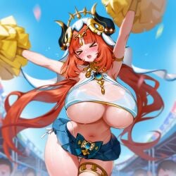 >_< ai_generated arm_behind_head arm_up armpits arms_behind_head arms_up, bare_legs bare_shoulders belly big_breasts blue_sky blush cheerleader closed_eyes cloudy_sky dynamic_pose from_below frown genshin_impact gigantic_breasts hair_ornament huge_breasts large_breasts long_hair miniskirt navel nilou_(genshin_impact) outdoors panties playground plump pom_pom_(cheerleading) pom_poms red_hair seductive seductive_eyes seductive_look side-tie_panties sports_bra stadium stadium_background sweat sweatdrop sweating sweaty thick_thighs thigh_strap underboob wet_clothes wet_panties wide_hips