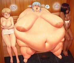 3girls better_with_salt fat_rolls gigantic_breasts gigantic_female heat heterosexual holding_belly huge_breasts light_blue_hair massive_belly morbidly_obese morbidly_obese_female overweight overweight_male sauna ssbbw stuffed_belly sweat ussbbw