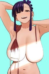 armpits arms_behind_head arms_up bikini blue_background breasts brown_eyes convenient_censoring elder_cousin_(igarashi_kyouhei) female igarashi_kyouhei large_breasts light_censor looking_at_viewer navel open_mouth original red_bikini swimsuit teeth undone_bikini untied_bikini untied_bikini_top upper_teeth_only