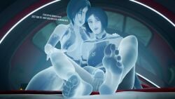 2girls 3d 3d_(artwork) blender blender_(software) blue_body blue_hair blue_skin bob_cut bottomless cortana dialogue eye_contact feet feet_focus glowing halo_(series) high_resolution highres looking_at_viewer pov smile smiling_at_viewer text the_weapon_(halo_infinite) video_game_character video_games zmsfm