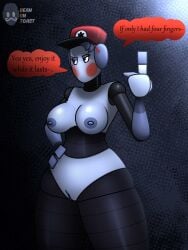 2024 2d 2d_(artwork) 2d_artwork animatronic animatronic_female artist_logo artist_name beanontoast big_breasts blush blush_lines c.u.t.e dialogue female five_nights_at_freddy's five_nights_at_freddy's:_security_breach flipping_off flipping_the_bird flipping_viewer_off grey_body grey_hair original_character robot robot_girl robot_joints solo staff_bot_(security_breach) thick_thighs