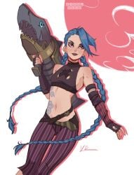 1girls arcane arcane_jinx blue_hair braided_hair braided_twintails crop_top fully_clothed holding_object holding_weapon jinx_(league_of_legends) kyralreed league_of_legends not_porn tattoo