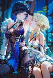 2d 2girls ai_generated armpits arms_behind_head arms_up bare_shoulders black_hair blonde_hair blue_hair bob_cut bracelet cleavage cleavage_cutout closed_eyes closed_mouth dice dripping feathers flower fur-trimmed_jacket game_mechanics genshin_impact gloves green_eyes hand_on_hip hi_res hoyoverse icosilveraiart jacket jacket_on_shoulders large_breasts licking licking_armpit looking_at_another lumine_(genshin_impact) multicolored_hair self_upload sitting smile sweat sweatdrop sweaty_armpits tagme text thick_thighs tight_clothing tongue tongue_out yelan_(genshin_impact)