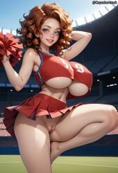 1girls ai_generated blue_eyes cheering cheerleader cheerleader_outfit cheerleader_uniform crop_top cupcakeattack curly_hair exposed_pussy female freckles holding_pom_poms huge_breasts lifted_skirt looking_at_viewer miniskirt pom_poms red_hair short_hair slim_waist standing_on_one_leg tank_top underboob wide_hips