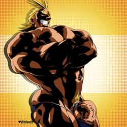 1boy all_might artist_name balls bara cock_ring dizdoodz heart human male male_focus male_only muscles my_hero_academia navel_piercing penis pubic_hair smile solo text tight_underwear underwear watermark