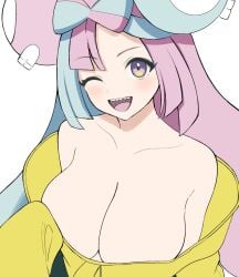 blush cyan_hair female hi_res huge_breasts iono_(pokemon) looking_at_viewer one_eye_closed open_mouth pink_hair pokemon pokemon_sv purple_eyes smile solo surippa1010 white_background