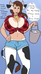 big_breasts brown_eyes brown_hair bucket bucket_of_milk buttoned_shirt cow_ears cow_horns cow_tail cowbell cowgirl daisy_dukes female female_only lactation leaking_breasts mind_alteration minotaur nisekoi onodera_kosaki plaid_shirt red_flannel redneck tanned tanned_female tanned_skin transformation xxxx52