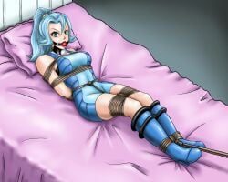 allthefantasies ball_gag bed blue_hair bondage bound clair_(pokemon) crotch_rope female female_only fully_clothed gag pillow png pokemon rope tight_clothing