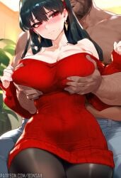 1boy 1girls ai_generated ass ass big_ass big_breasts big_butt black_hair blush bons_ai color female grabbing_breasts hand_on_breast hi_res large_breasts light-skinned_female light_skin long_hair male male/female netorare ntr spy_x_family tagme thick_thighs yor_forger