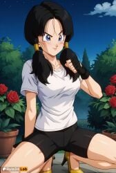 1girls ai_generated artist_name bike_shorts black_gloves black_hair black_shorts blue_eyes blush breasts bush closed_mouth collarbone dragon_ball dragon_ball_super dragon_ball_z fingerless_gloves flower gloves hi_res high_heels low_twintails medium_breasts night night_sky outdoors patreon_username plant red_flower red_rose rose rule34lab shirt short_sleeves shorts sky smile solo spread_legs squatting star_\(sky\) twintails videl videl_(dragon_ball_super) white_shirt yellow_footwear