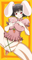 animal_ear areolae black_hair bottomless breast_squeeze breasts bunny_ear carrot censored dildo erect_nipples female fur gorigori222 huge_breasts insertion large_breasts pubic_hair pussy_juice pussy_juice_drip red_eyes short_hair smile tewi_inaba thick_thighs thighs tight_clothes touhou vaginal_insertion vegetable_dildo