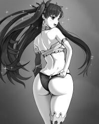 1girls 2d ass back_view bare_shoulders black_and_white black_panties butt_crack collar dat_ass earrings fate/grand_order fate_(series) gold_jewelry happy ishtar_(fate) legs long_hair looking_back panties panty_pull solo solo_female sparkles sparkling_hair thighhighs thighs type-moon