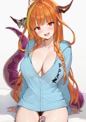 absurdres black_pubic_hair blonde_hair blue_jacket breasts brown_horns censored cleavage dragon_girl dragon_horns female female_pubic_hair grey_background highres holoforce hololive hololive_gen_2 hololive_japan horns jacket kiryu_coco large_breasts long_hair looking_at_viewer minato_aqua multicolored_hair novelty_censor orange_hair otokucha pubic_hair red_eyes simple_background sitting solo streaked_hair virtual_youtuber