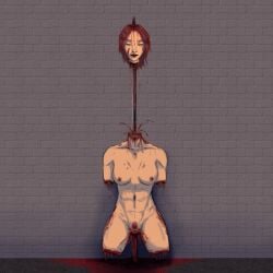 blood death decapitation dismemberment female female_death gore guro impalement naked_female nude red_hair severed_head solo