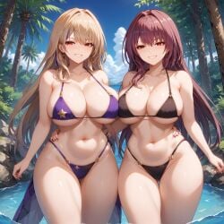 ai_generated bikini gigantic_breasts scathach_(fate) serval_landau smug_grin