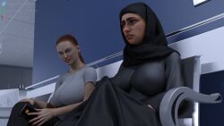 1futa 1girls 3d 3d_(artwork) azrianfuta bulge dark-skinned_female dark_skin erection erection_under_clothes female futanari hijab implied_futanari mia_khalifa muslim penis tenting