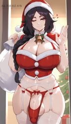 ai_generated althaean christmas christmas_outfit christmas_tree garter_belt garter_straps heart holding_sack huge_cock large_balls large_cock lingerie plump revealing_clothes santa_costume santa_hat seductive seductive_smile tagme thick_thighs thigh_squish thighhighs unohana_retsu voluptuous voluptuous_female voluptuous_futanari warm_colors waving