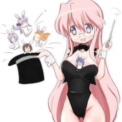 6girls bunnysuit character_request female female_only kagami_hiiragi konata_izumi lucky_star miyuki_takara multiple_girls solo_focus tsukasa_hiiragi